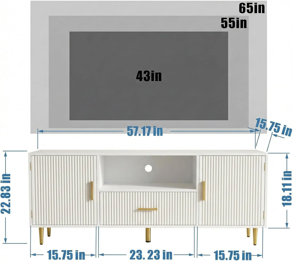 DIYART Modern Fluted TV Stand for 55/60/65 Inch TV, 57" Entertainment Center Media Console Table with Drawer & Storage Cabinets, Ribbed Design TV Cabinet Credenza for Living Room, White