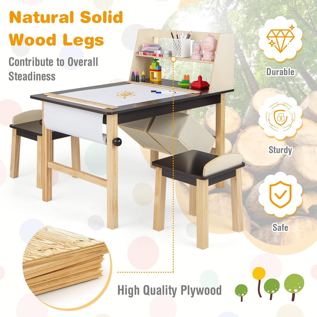 Costzon Kids Art Table and Chair Set, Wooden Activity Table and 2 Stools w/a Paper Roll, 2 Markers, 2 Storage Bins for 3+ Years Old Boys Girls Drawing Painting Craft, Toddler Table and Chairs (Brown)
