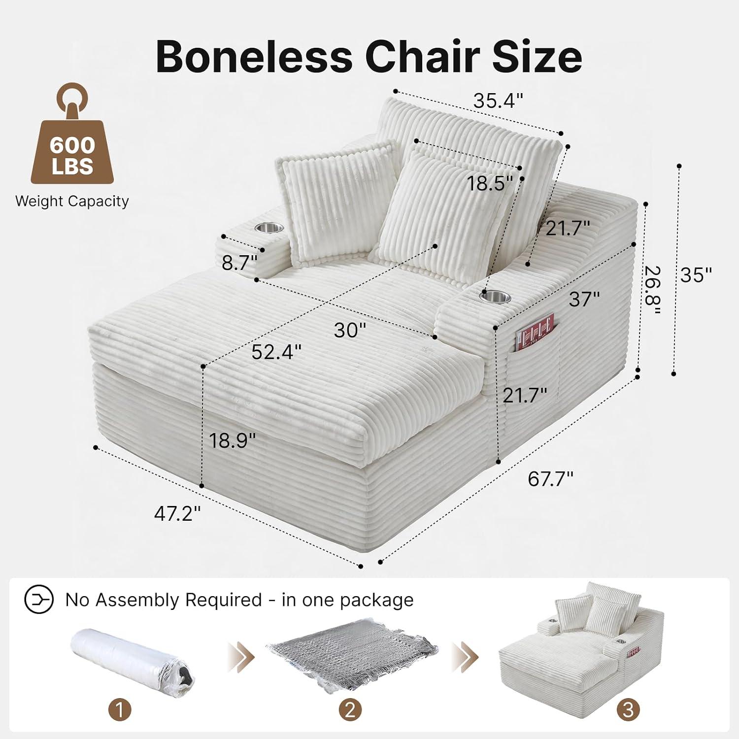 Oversized Chaise Lounge Chair Indoor, Upholstered Sleeper Sofa Bed | Couch with Cup Holders & 2 Pillows, Deep Seat Corduroy Cloud Sofa for Living Room, No Assembly Reading Chair, White