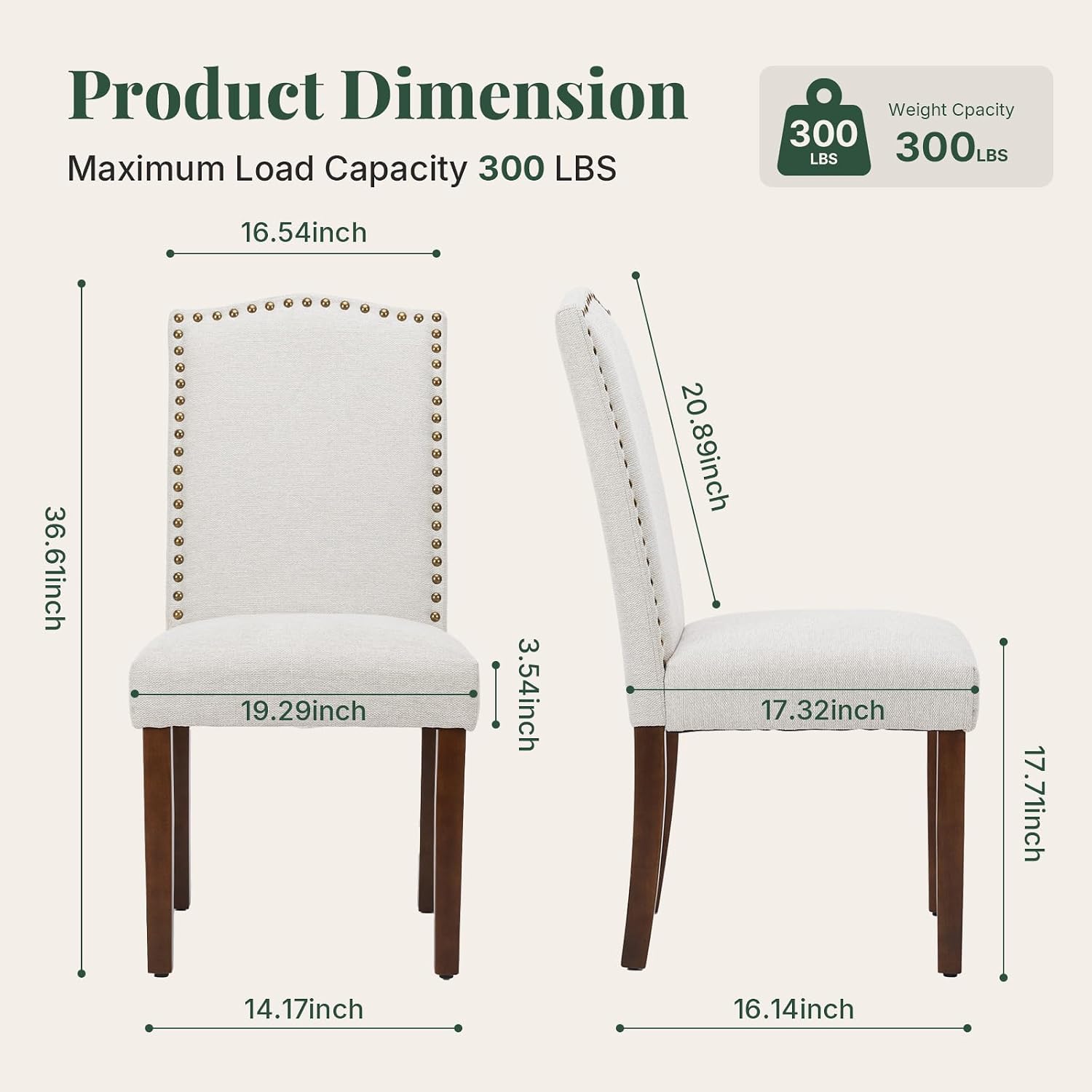 Upholstered Dining Chair Set of 6, Farmhouse Fabric Kitchen Chair | Modern, Padded Seat, Solid Wood Legs, High Back, Nailhead Trim, Living Room, Restaurant, Hotel, Beige