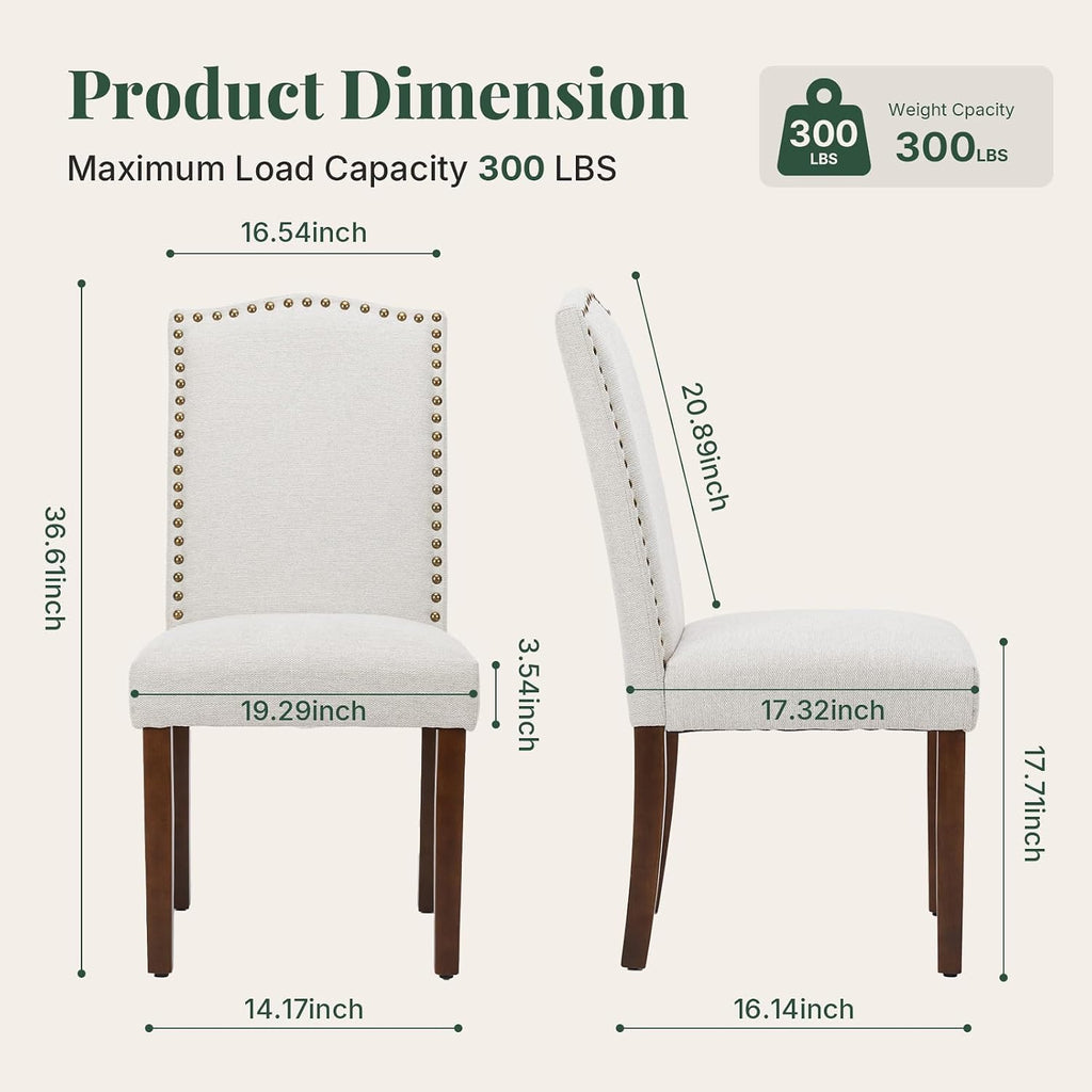 Upholstered Dining Chair Set of 4, Farmhouse Fabric Kitchen Chair | Modern, Padded Seat, Solid Wood Legs, High Back, Nailhead Trim, Living Room, Restaurant, Hotel, Beige