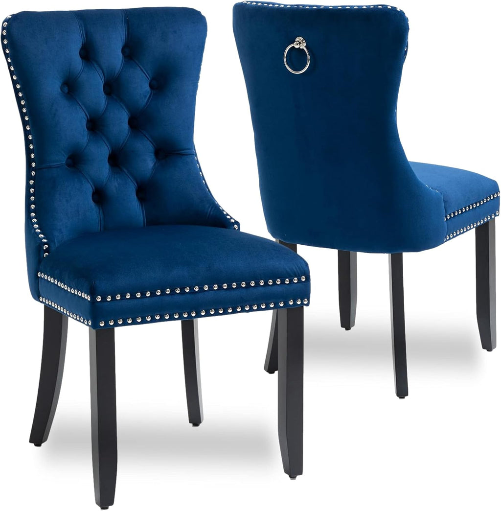 Set of 2 Upholstered Velvet Dining Room Chairs with Nailed Trim and Pulling Ring (Blue)