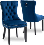 Set of 2 Upholstered Velvet Dining Room Chairs with Nailed Trim and Pulling Ring (Blue)
