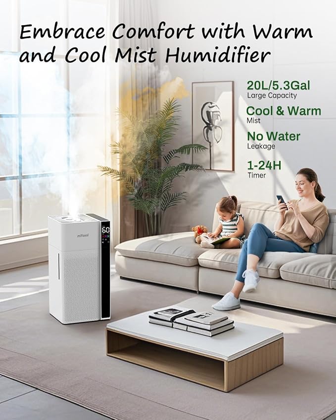 Mifasol Humidifier Large Room Warm and Cool Mist, 5.3Gal/20L Humidifiers for Home 1500 sq ft, Double Nozzles Whole House Humidifier, Humidifiers for Bedroom Plants Office Commercial Large Areas, White
