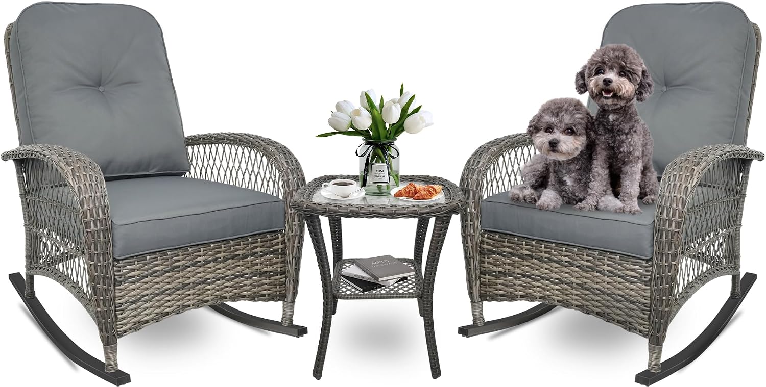 Wicker Rocking Chair, Rattan Patio Rocking Chairs, All-Weather Rocking Lawn Wicker Furniture for Porch Deck Garden Backyard(Grey)，1PC