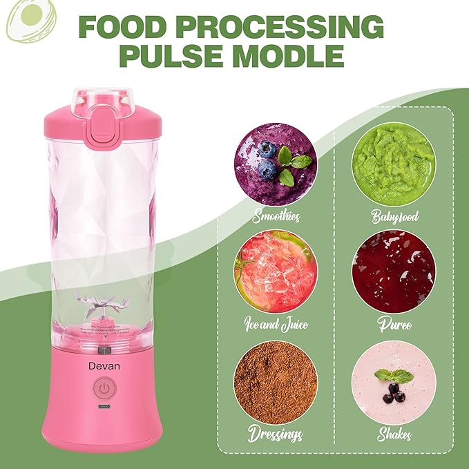 Pink Portable Blender - 270W USB Rechargeable, 20 oz BPA-Free Cup & Travel Lid for Shakes & Smoothies