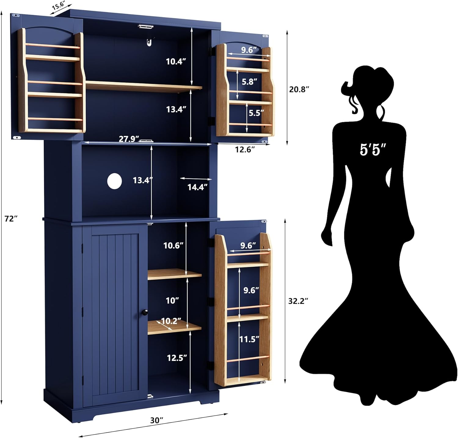HLR 72" Freestanding Beadboard Pantry Cabinet with Microwave Shelf | Multi‑Purpose Tall Microwave Stand with Storage, Space‑Saving Design Cabinet for Kitchen or Living Room, Navy Blue