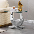 Luxury Silver Glass End Table Modern Square Sofa Side Table with Mirrored Stainless Steel Base and Clear Glass Top for Living Room Home Office Bedroom Table (Silver)