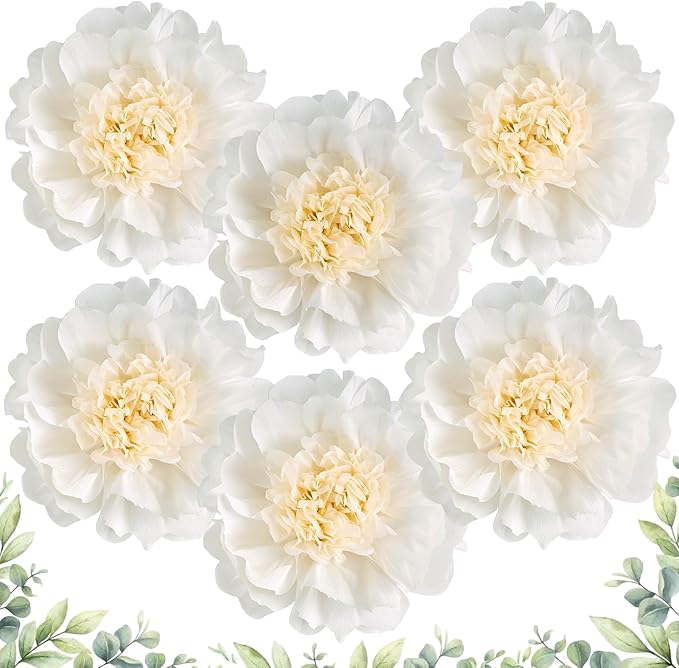 SUNBEAUTY 6 Pcs White Giant Paper Flowers Decorations 12" Large Tissue Artificial Crepe Paper Flowers for Party Wedding Wall Table Birthday Baby Shower Bridal Nursery Room Tea Party Backdrop Decor