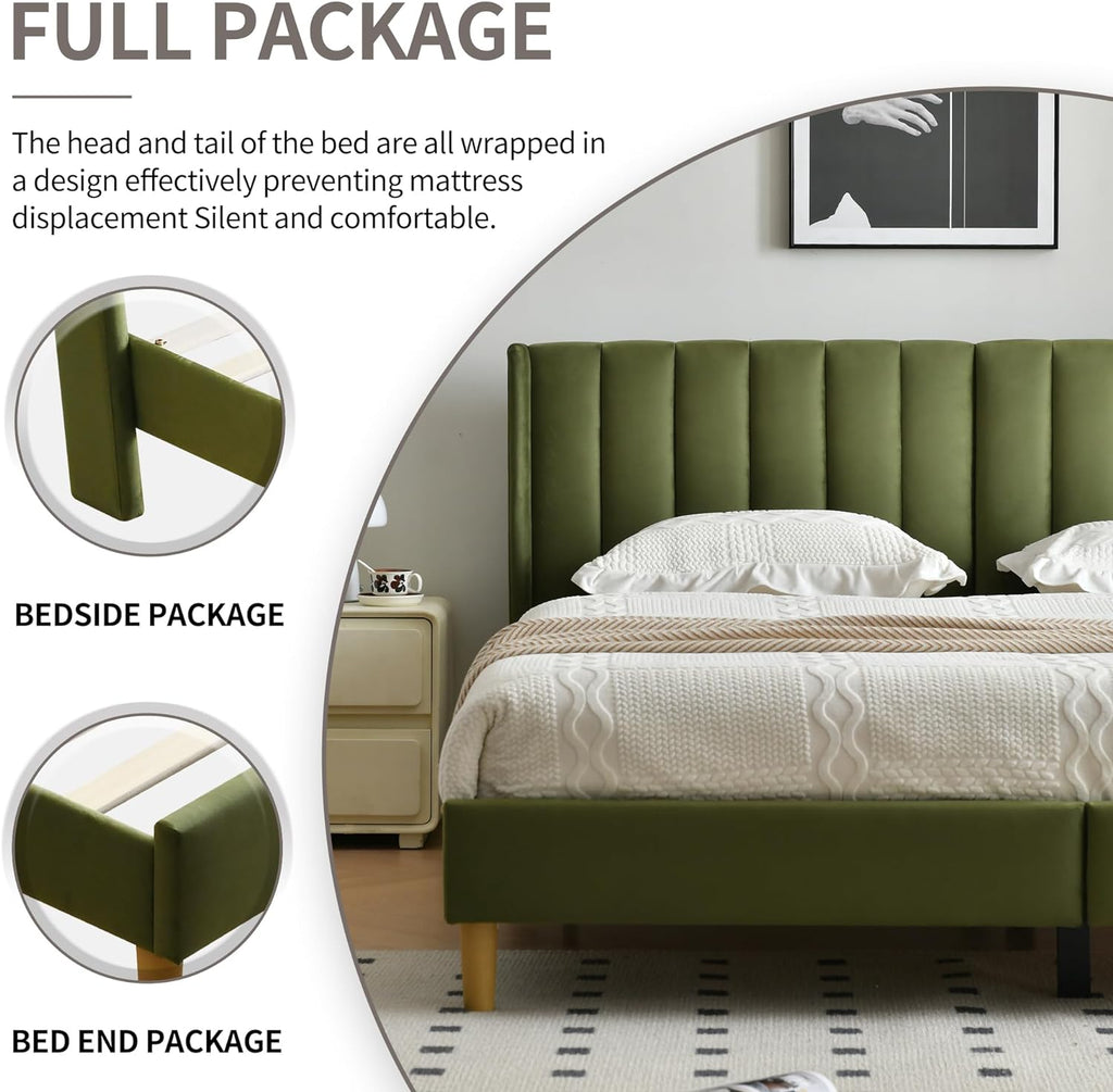 YUHUASHI King Bed Frame，Platform Bed with Upholstered Headboard，Grass Green