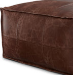 SIMPLIHOME Brody 26" Wide Genuine Leather Square Pouf in Distressed Brown | Distressed brown boho footrest, coffee table and extra seating for living room, assembled; floor cushion or accent seat.