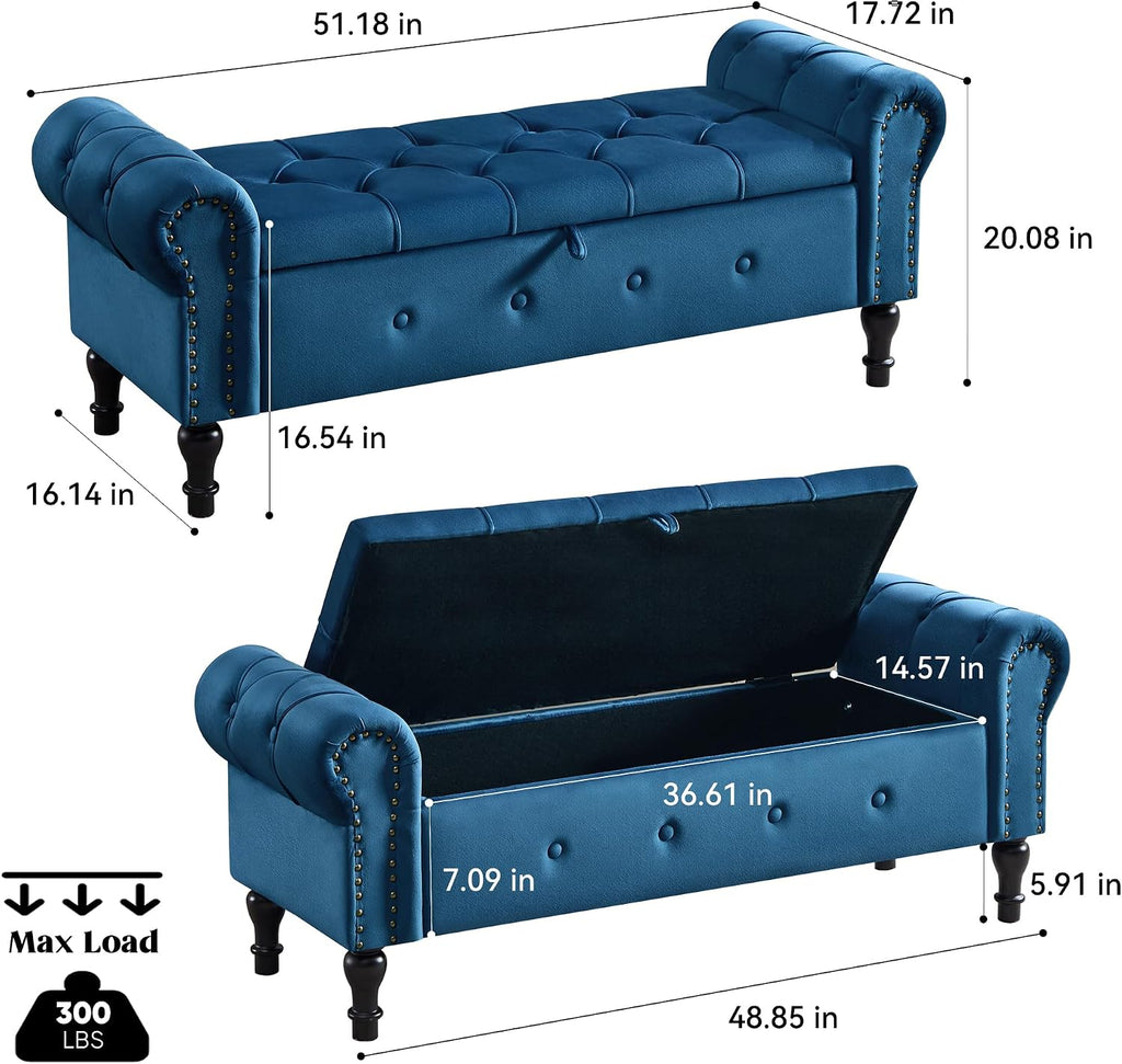 Storage Bench for Bedroom, Velvet 51" End of Bed Bench, Queen Size Bench with Rolled Arms, Tufted Storage Ottoman Benches, Upholstered Bench for Bedroom, Living Room, Entryway, Navy Blue