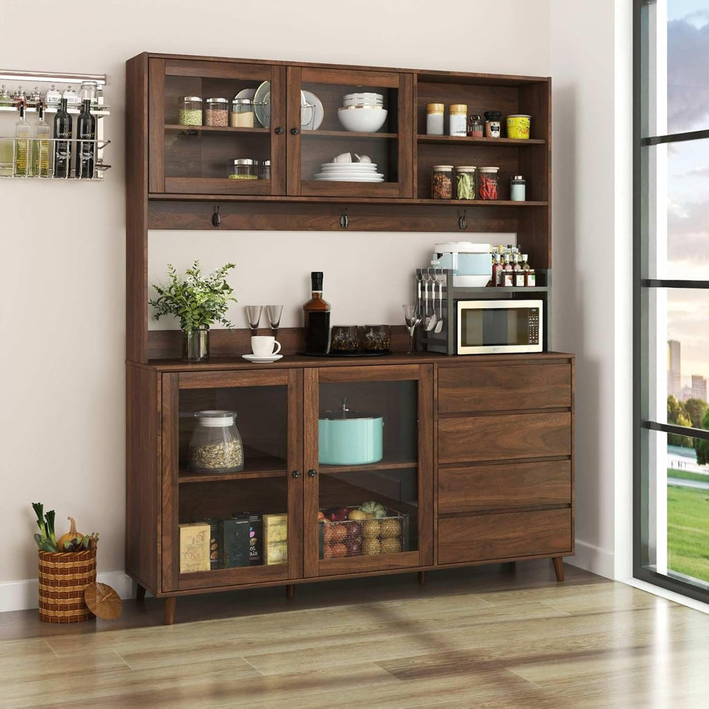 Kitchen Pantry Cabinet with Hutch, 4 Drawers, Glass Doors, Adjustable Shelves, and Open Storage, Freestanding Sideboard for Dining Room or Living Room
