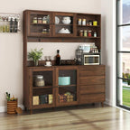Kitchen Pantry Cabinet with Hutch, 4 Drawers, Glass Doors, Adjustable Shelves, and Open Storage, Freestanding Sideboard for Dining Room or Living Room