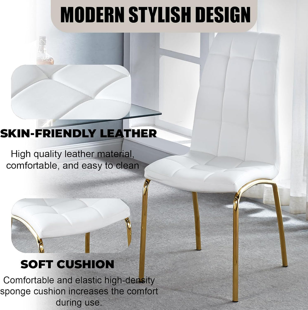 Faux Leather Dining Chairs - Set of 4, Modern White Dining Room Chairs with Gold Metal Legs and Ergonomic Backrest, Upholstered for Kitchen and Living Room