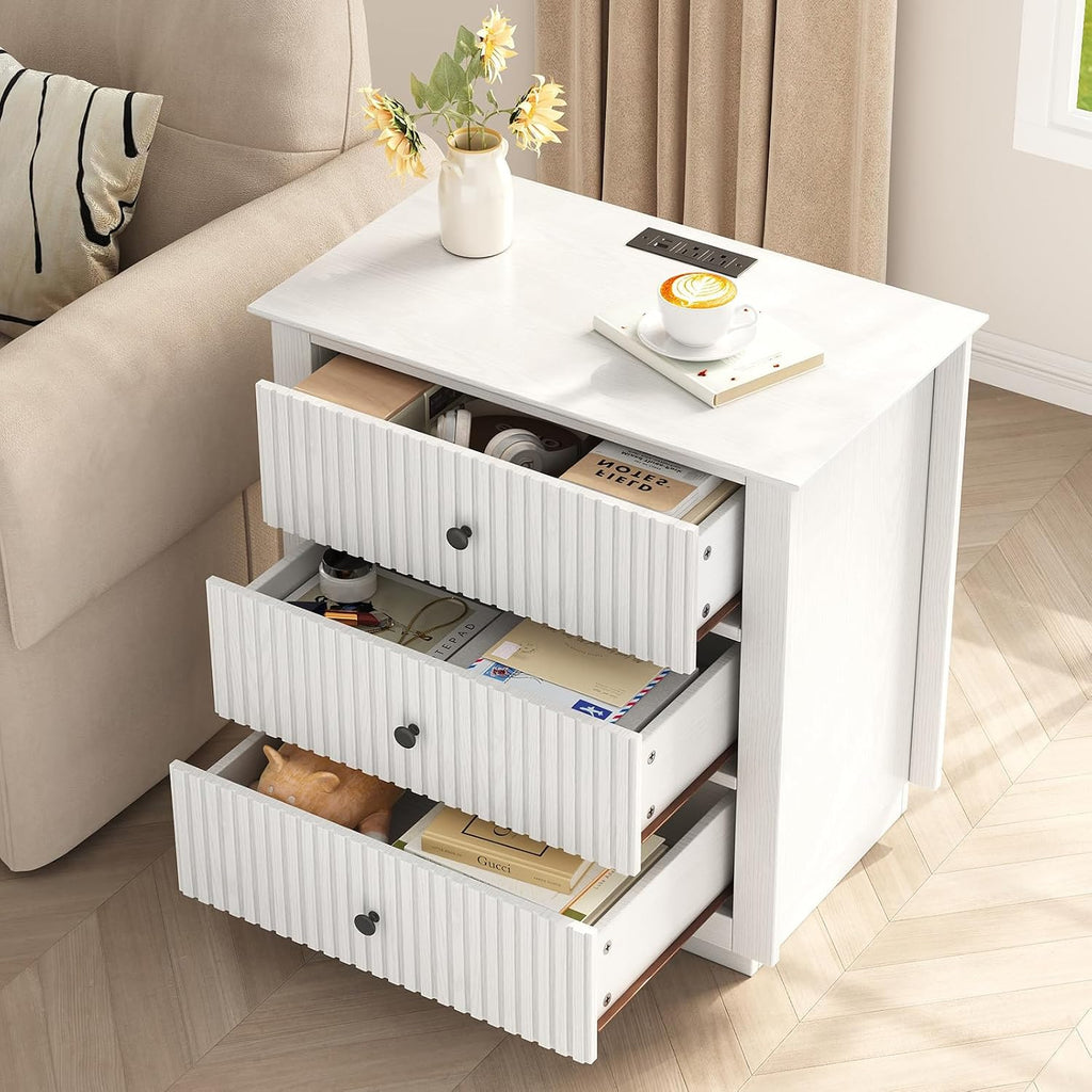 24" Wide Nightstand with Charging Station, Modern Fluted Bedroom Nightstand with Drawers, Wood Night Stand with Storage and Outlet, Large Bedside Table for Bedroom, White