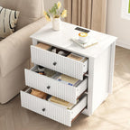 24" Wide Nightstand with Charging Station, Modern Fluted Bedroom Nightstand with Drawers, Wood Night Stand with Storage and Outlet, Large Bedside Table for Bedroom, White