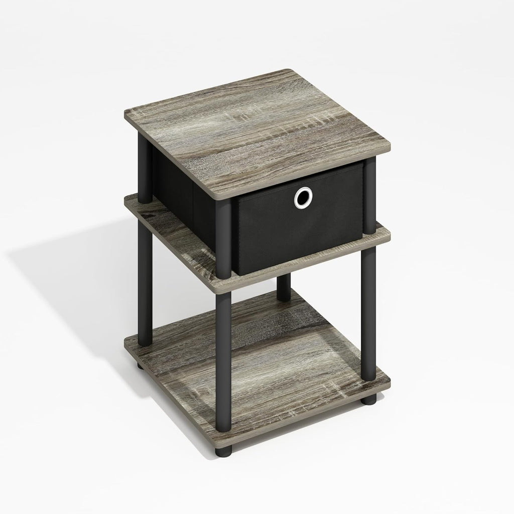 Furinno Turn-N-Tube Side Table, 3-Tier Square Modern End Table with Storage Bin, Open Shelf Night Stand, Bedside Table, Easy Assembly, Grey Oak