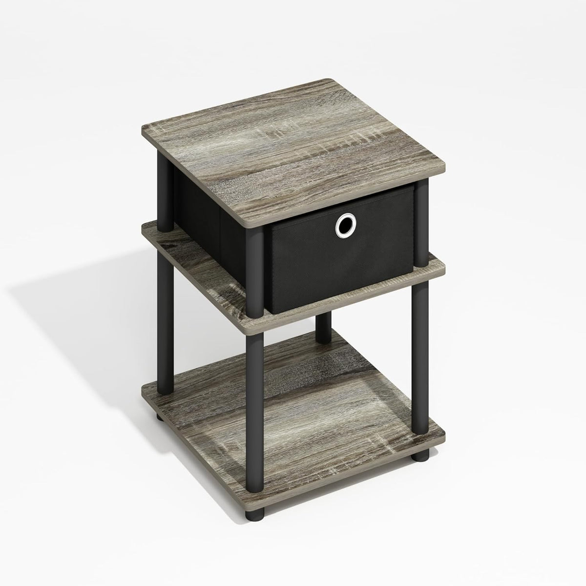 Furinno Turn-N-Tube Side Table, 3-Tier Square Modern End Table with Storage Bin, Open Shelf Night Stand, Bedside Table, Easy Assembly, Grey Oak
