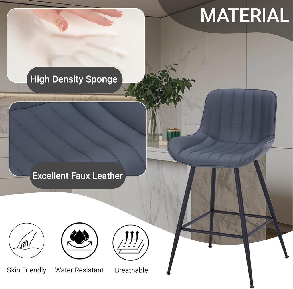 Sidanli Counter Height Barstools Set of 2, Counter Height Chairs with Backrest, Faux Leather, Metal Legs, 24 Inch Height Bar stools for Kitchen, Dining Room, Gray