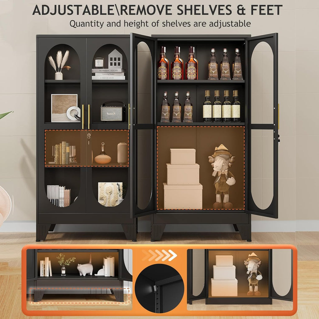 GAIOUS 61" Tall Metal Curio Cabinet, Display Cabinet with Glass Door, 4 Tier Liquor Cabinet with 3 Adjustable Shelves, Locking Glass Display Case for Collectibles, Showcase Storage Cabinets, Black