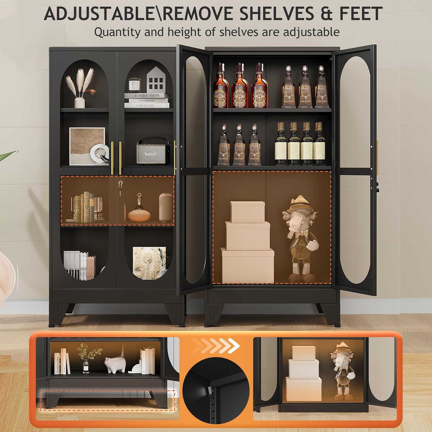 GAIOUS 61" Tall Metal Curio Cabinet, Display Cabinet with Glass Door, 4 Tier Liquor Cabinet with 3 Adjustable Shelves, Locking Glass Display Case for Collectibles, Showcase Storage Cabinets, Black