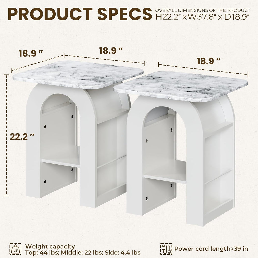 FIMELLO 19" End Table Set of 2 with Marble Top, Modern Arched Night Stand Nightstands with RGB Lighting, Bedroom Nightstand, Side Table with Storage for Living Room & Bedroom