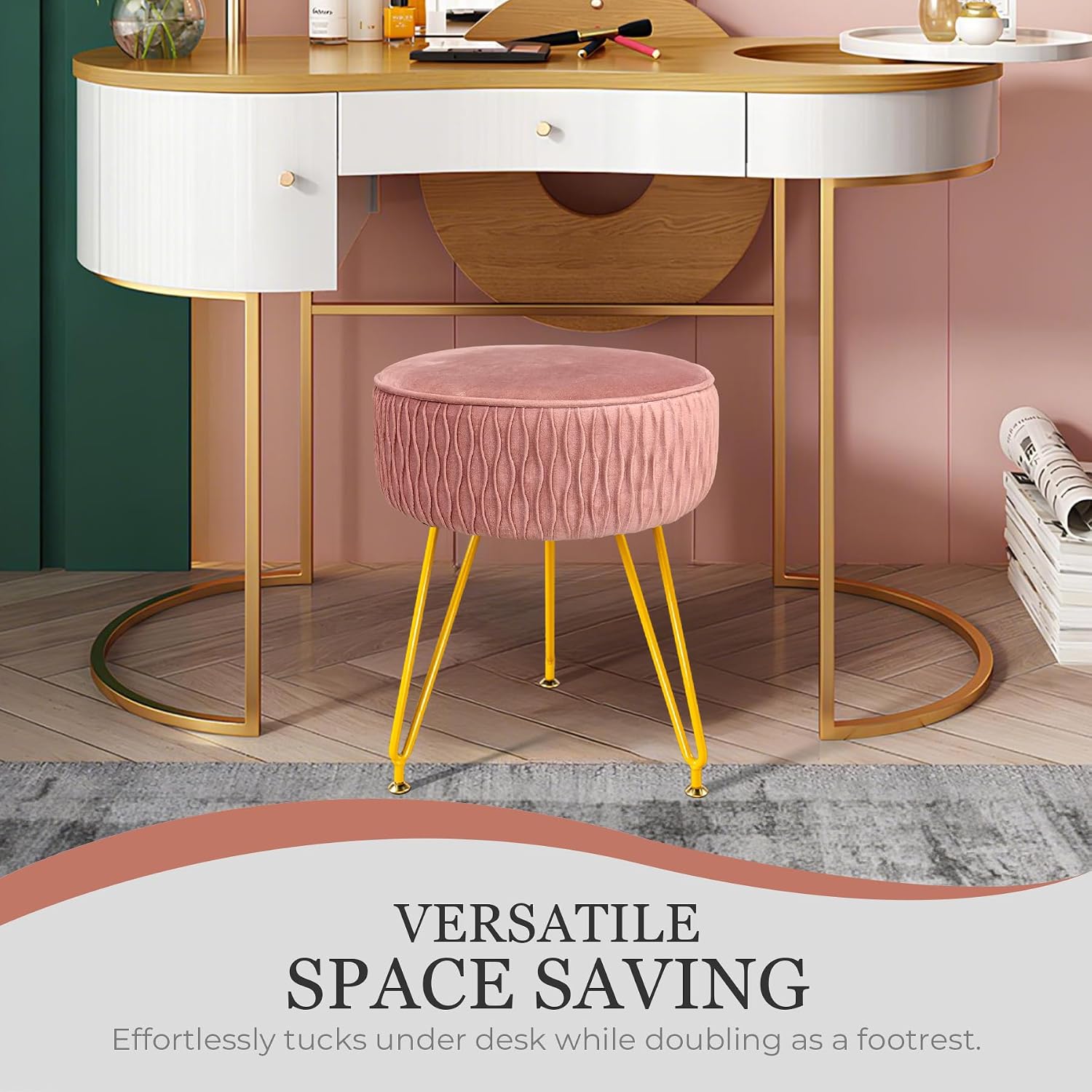 Velvet Vanity Stool Footrests, Round Ottoman Vanity Chairs with Anti-Slip Feet, Dressing Table Seat Foot Stool with Black Legs, Furry Padded Seat Side Table for Makeup Bedroom(Pink, Golden)
