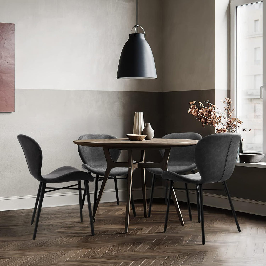 Modern Dining Chair Set of 4, Comfortable Dining Room Chairs with Thick Cushions, Faux Leather Upholstered Kitchen Armless Side Chairs, Wooden Leg for Home, Kitchen, Grey