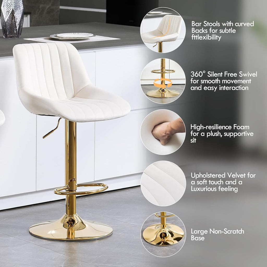 Barstools Set of 3, Golden-Cream, Adjustable Swivel Bar Stools | With Back, Armless Upholstered, Gold Bar Stool with Velvet Seat, For Kitchen Island/Cafe/Dining