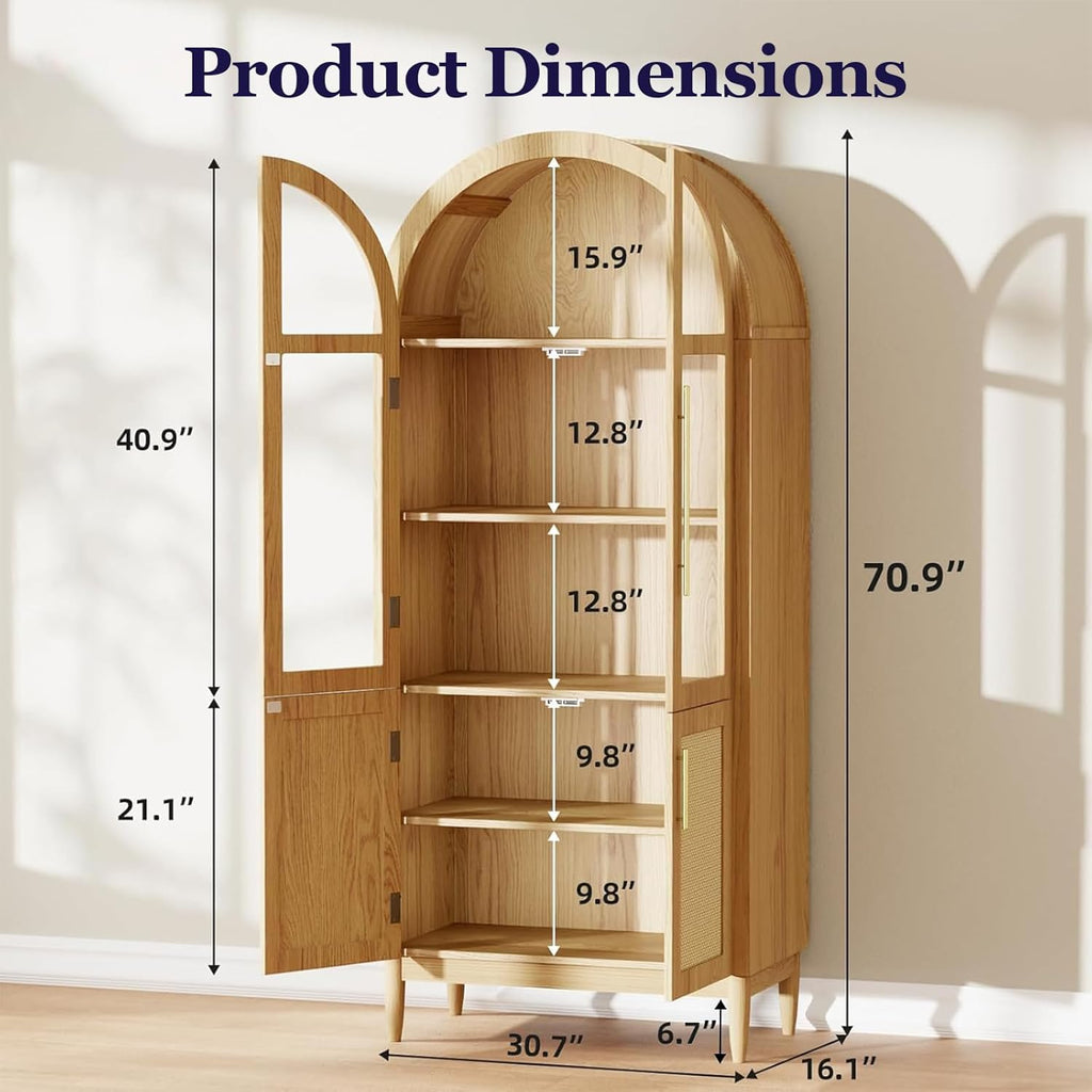 71" Tall Arched Cabinet with Glass Doors, Kitchen Pantry Storage Cabinet with Dust-Proof Rattan, 5-Tier Curio China Cabinet with Adjustable Shelves for Living Room Dining Room, Oak