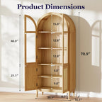 71" Tall Arched Cabinet with Glass Doors, Kitchen Pantry Storage Cabinet with Dust-Proof Rattan, 5-Tier Curio China Cabinet with Adjustable Shelves for Living Room Dining Room, Oak