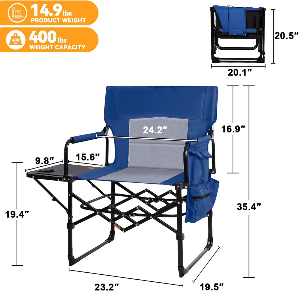 2 Pack Directors Chair with Side Table, Heavy Duty Folding Camping Chair for Adults, Portable Sports Chair with Cup Holder & Side Pocket, Compact Outdoor Chair Supports 400lbs, Blue