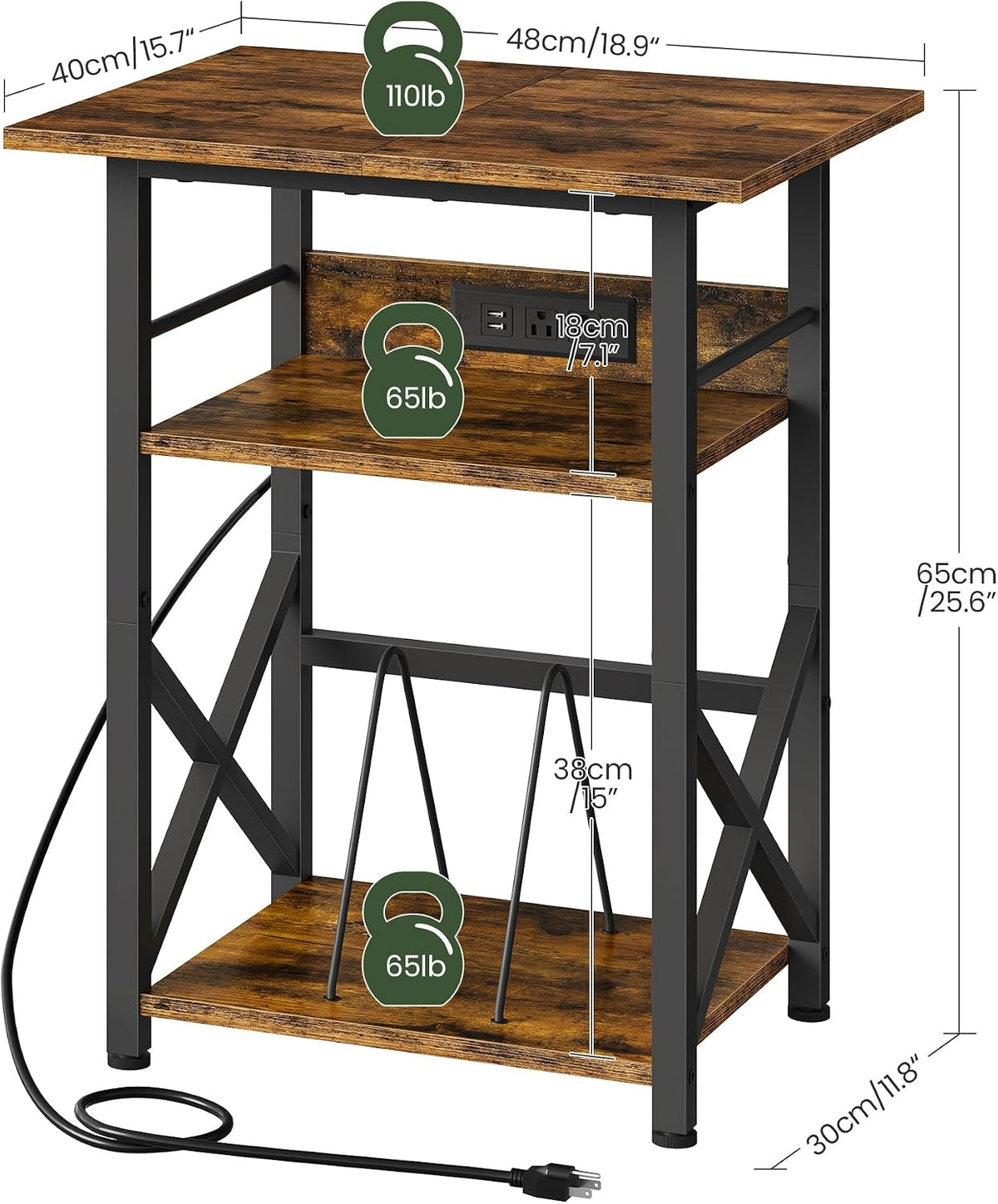 CHOEZON Record Player Stand with Power Outlet, Vinyl Record Storage Side Table, 19" Large Tabletop, Charging Station & Crossed Frame Design for Turntable, Rustic Brown and Black TBZ48UBF