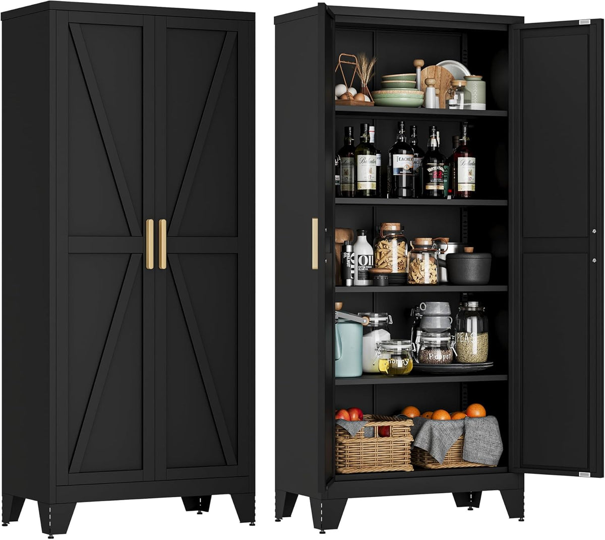 LCAOPC 71" Tall Metal Storage Cabinet with 2 Doors and 4 Adjustable Shelves, 5-Tier Kitchen Pantry Storage Cabinet for Kitchen, Living Room, Dining Room and Office, Black