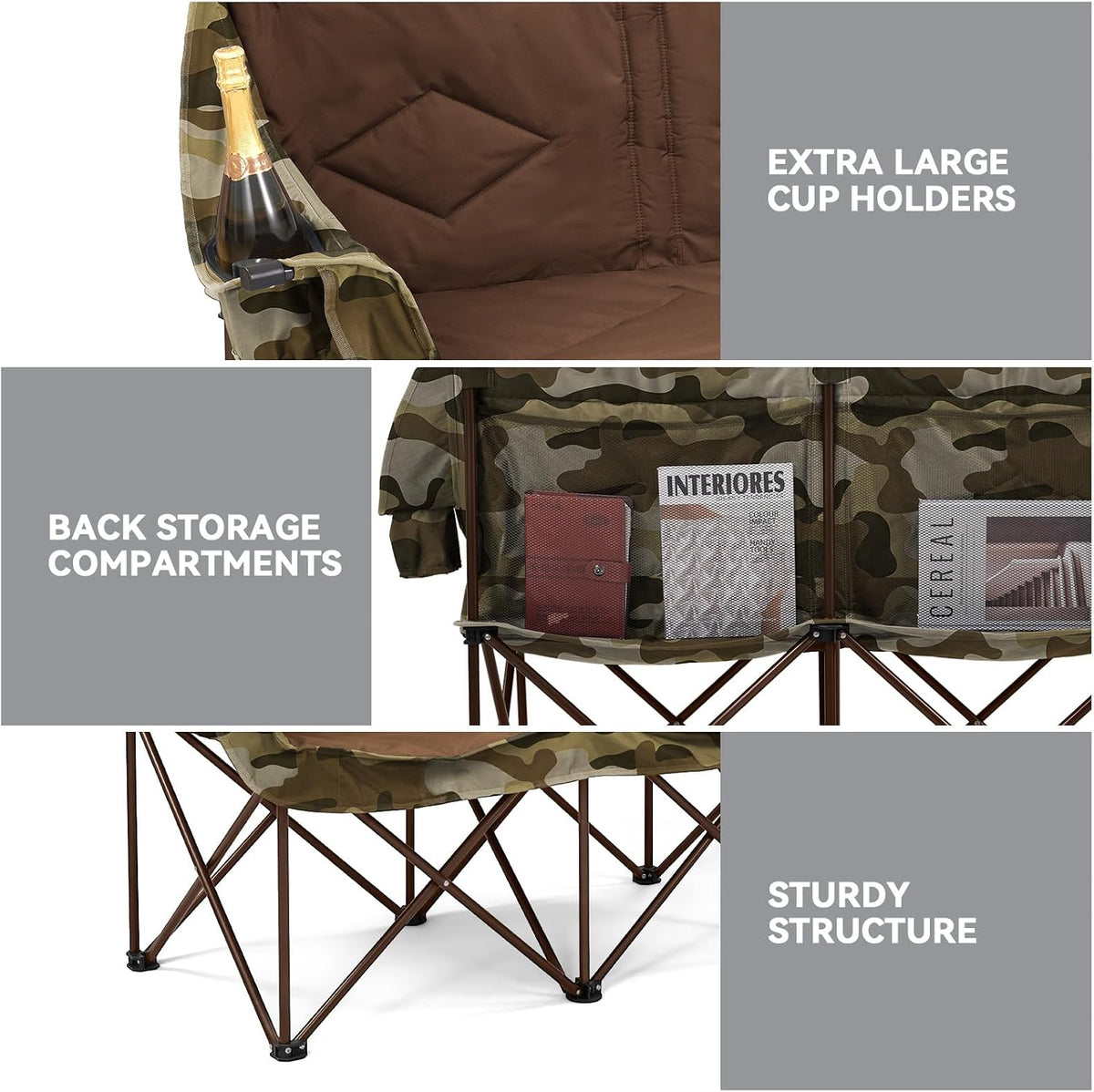 Double Camping Chairs Oversized Loveseat - 2 Person Camping Chair Portable Lawn Folding Chair for Outside Adults - Heavy Duty Outdoor Camping Couch with Cup Hold, Camouflage