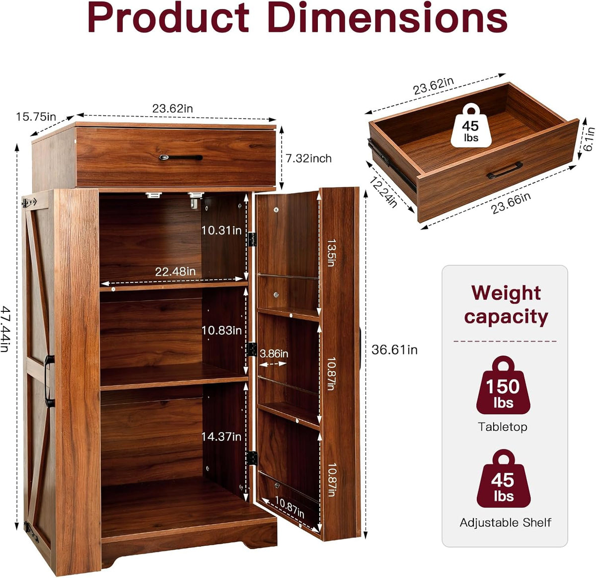CypherX 47" Farmhouse Brown Kitchen Pantry Storage Cabinet for Dining Room | Rustic sideboard buffet cupboard; doors with shelves & smooth drawer; 47" tall pantry; 5-level adjustable storage shelves