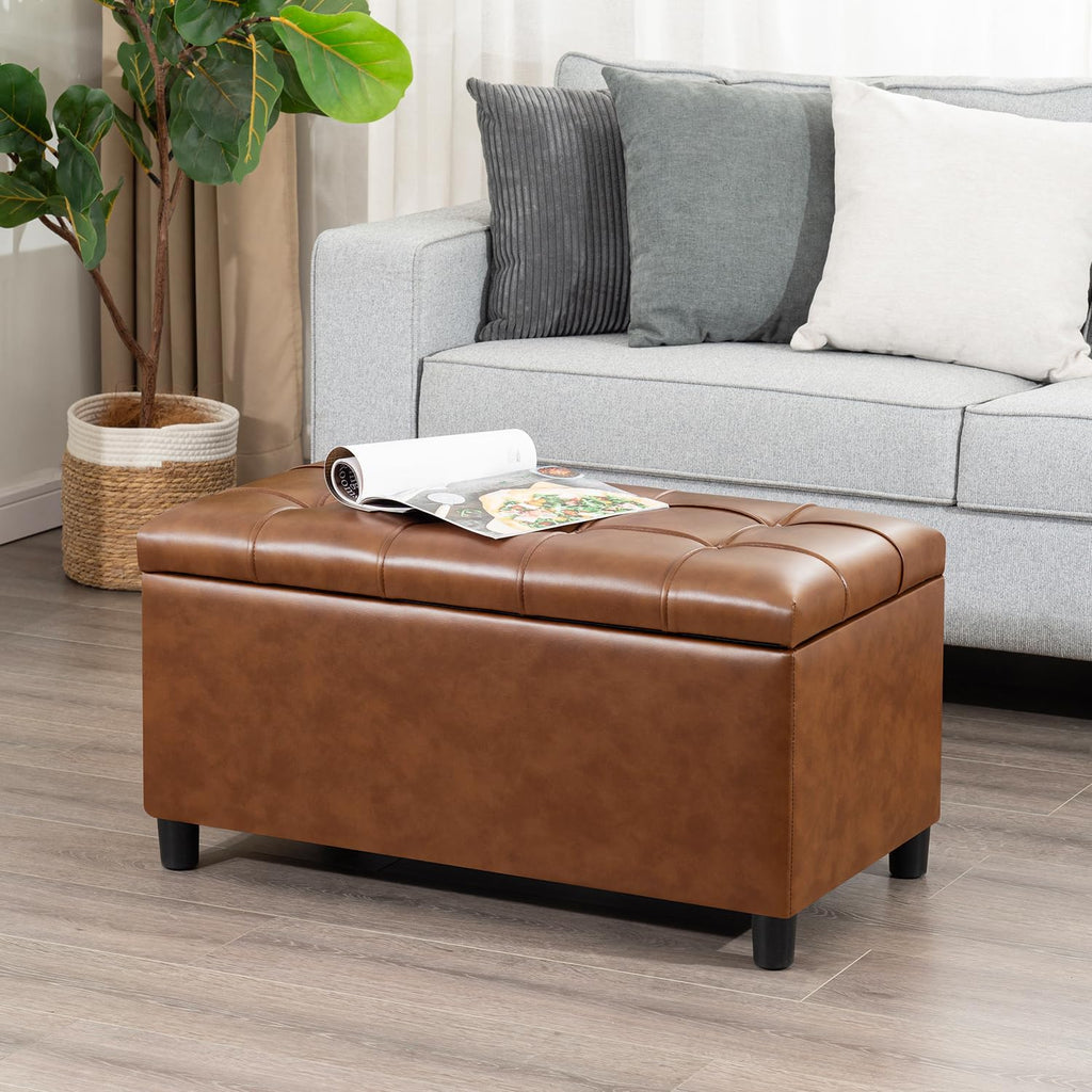 Joveco Storage Ottoman Bench, 32 Inches Faux Leather Rectangle Tufted Foot Stool for End Foot of Bed, Bedroom, Living Room, Creamy Caramel