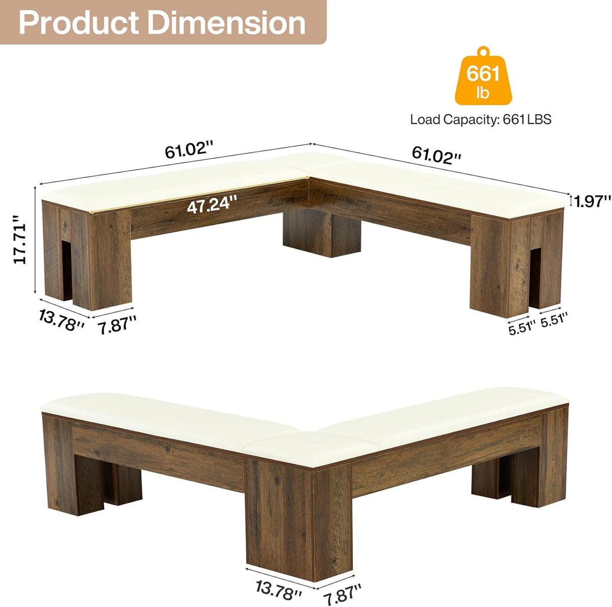 Tribesigns L-Shaped Bench with Cushion, 61-Inch Farmhouse Corner Dining Bench, Kitchen Breakfast Nook Bench for Dining Room, Entryway, Cloakroom, White and Brown