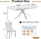 7 Piece Kitchen & Dining Room Set, Luxurious 70" White Large Marble Dining Table with Beige Velvet Cushion Chairs for Living Room, Kitchen (1 Silver-Base Table, 6 Chairs)