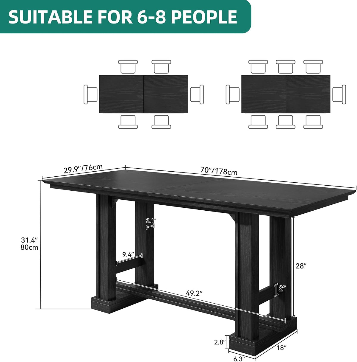 YITAHOME 70" Dining Table for 6–10 People, Farmhouse Rectangular Kitchen Table with Thick Base for Dining Room, Living Room, and Kitchen, Black