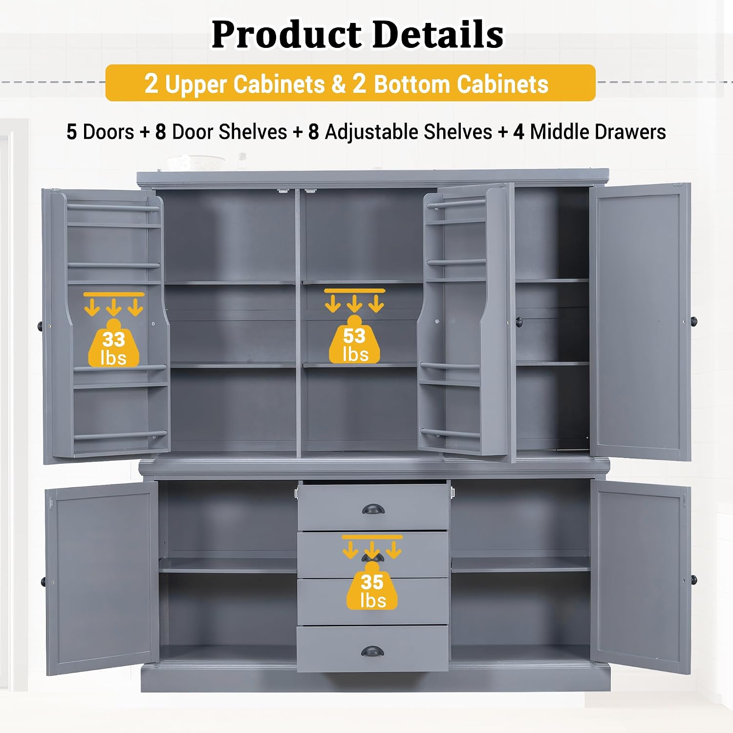 Polibi 73'' Freestanding Wooden Kitchen Pantry Cabinet with Drawers, Adjustable Shelves, and Magnetic Doors, Large Storage Organizer for Dining Room, Kitchen, or Utility Room, Gray