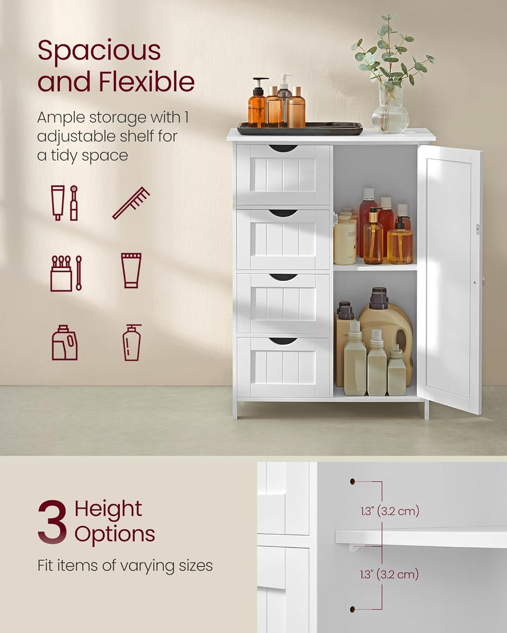 VASAGLE Storage Cabinet with Drawers, Freestanding Floor Cabinet with Door, 11.8 x 21.7 x 32.3 Inches, Adjustable Shelf, for Bathroom, Living Room, Kitchen, Cloud White ULHC041WH01S
