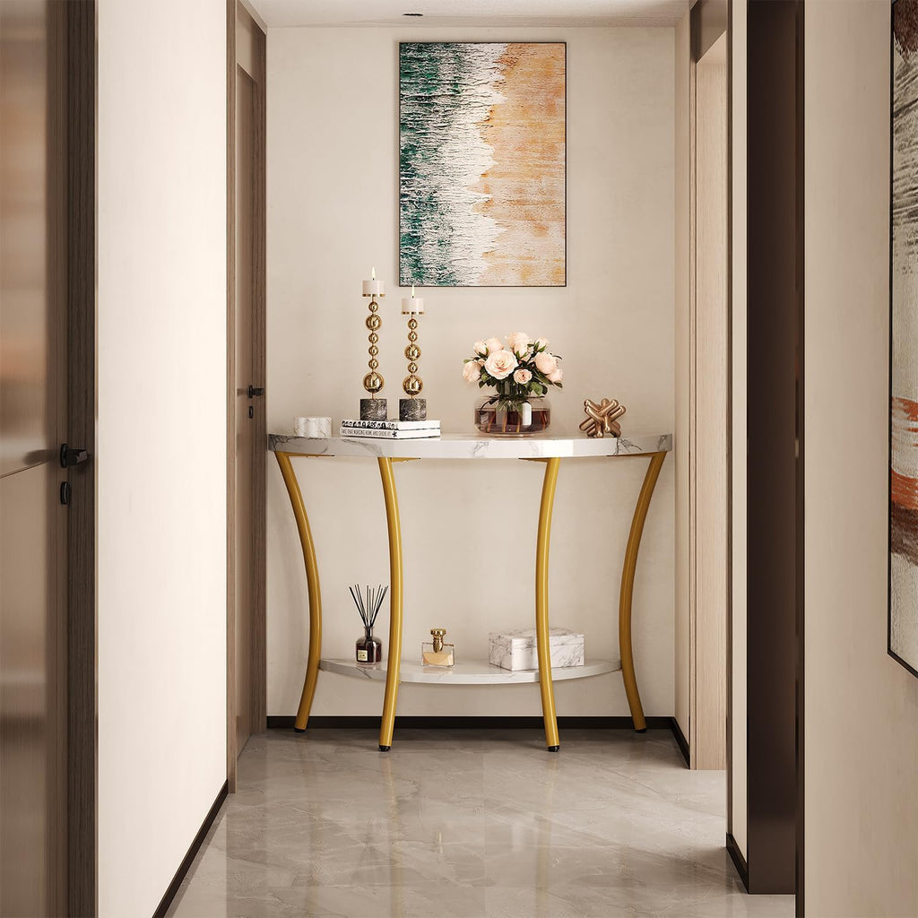 39.4" Console Table with Half Moon Wood Shelves, 2 Tier Modern Entryway Table with Curved Metal Frames, Narrow Sofa Couch Table for Hallway, Entrance, Living Room, Foyer, White Marble & Gold