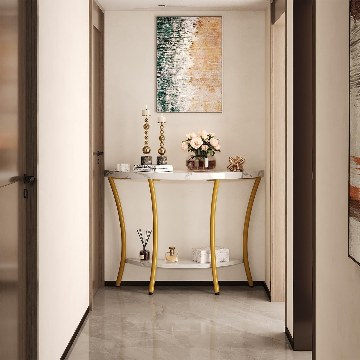 39.4" Console Table with Half Moon Wood Shelves, 2 Tier Modern Entryway Table with Curved Metal Frames, Narrow Sofa Couch Table for Hallway, Entrance, Living Room, Foyer, White Marble & Gold