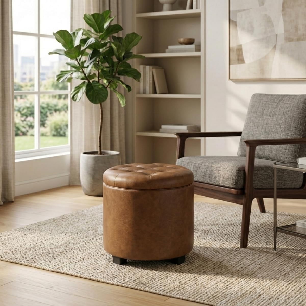 Adeco Brown Upholstered Round Faux Leather Storage Ottoman with Solid Wood Grain Plastic Legs | Tufted Foot Rest Ottoman for Living Room & Bedroom | Decorative Home Furniture