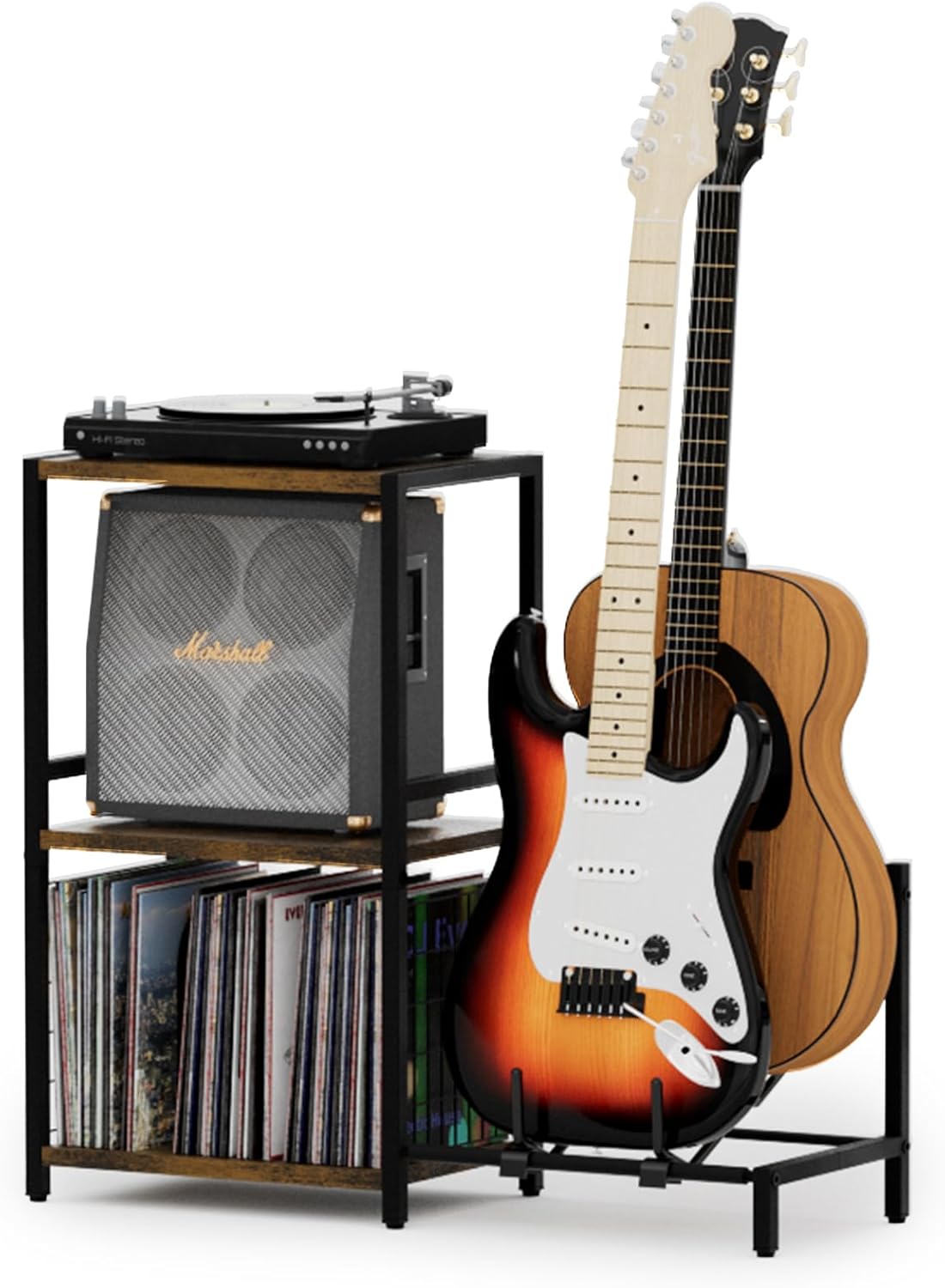 YAKANJ End Table with Guitar Stand,Record Player Stand,Vinyl Records Storage,2-Tier Guitar Stand for Acoustic,Turntable Stand for Music Studio-Brown