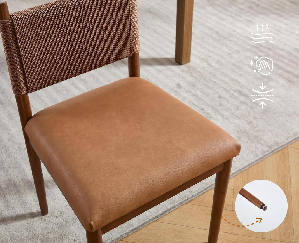 EALSON Rattan Dining Chairs Set of 2 Leather Upholstered Dining Room Chairs with Walnut Wooden Legs and Woven Back Mid Century Modern Kitchen Chairs Comfortable Armless Side Chairs for Kitchen, Brown