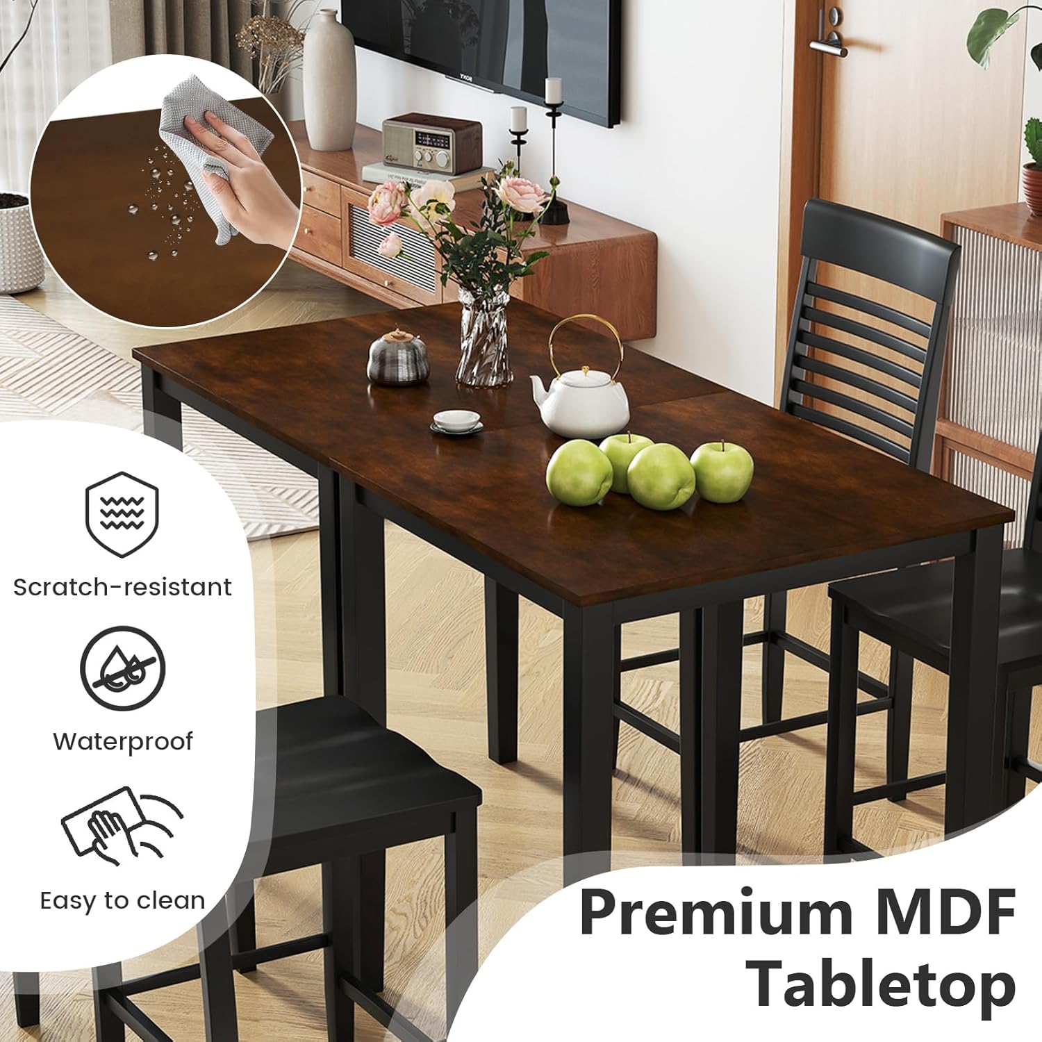 Giantex 5-Piece Dining Table Set for 4, Counter-Height Square Kitchen Table and Chairs Set with Rubber Wood Frame, Curved Back, Footrest, Bar Table Set for Small Place Dinette Breakfast Nook