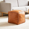 Pouf Ottoman, Unstuffed Pouf Cover, Handmade Faux PU Leather Moroccan, Orange Brown 17.7" Square, Foot Rest for Living Room, Floor Chair Gifts for Men Women, (Only Cover)